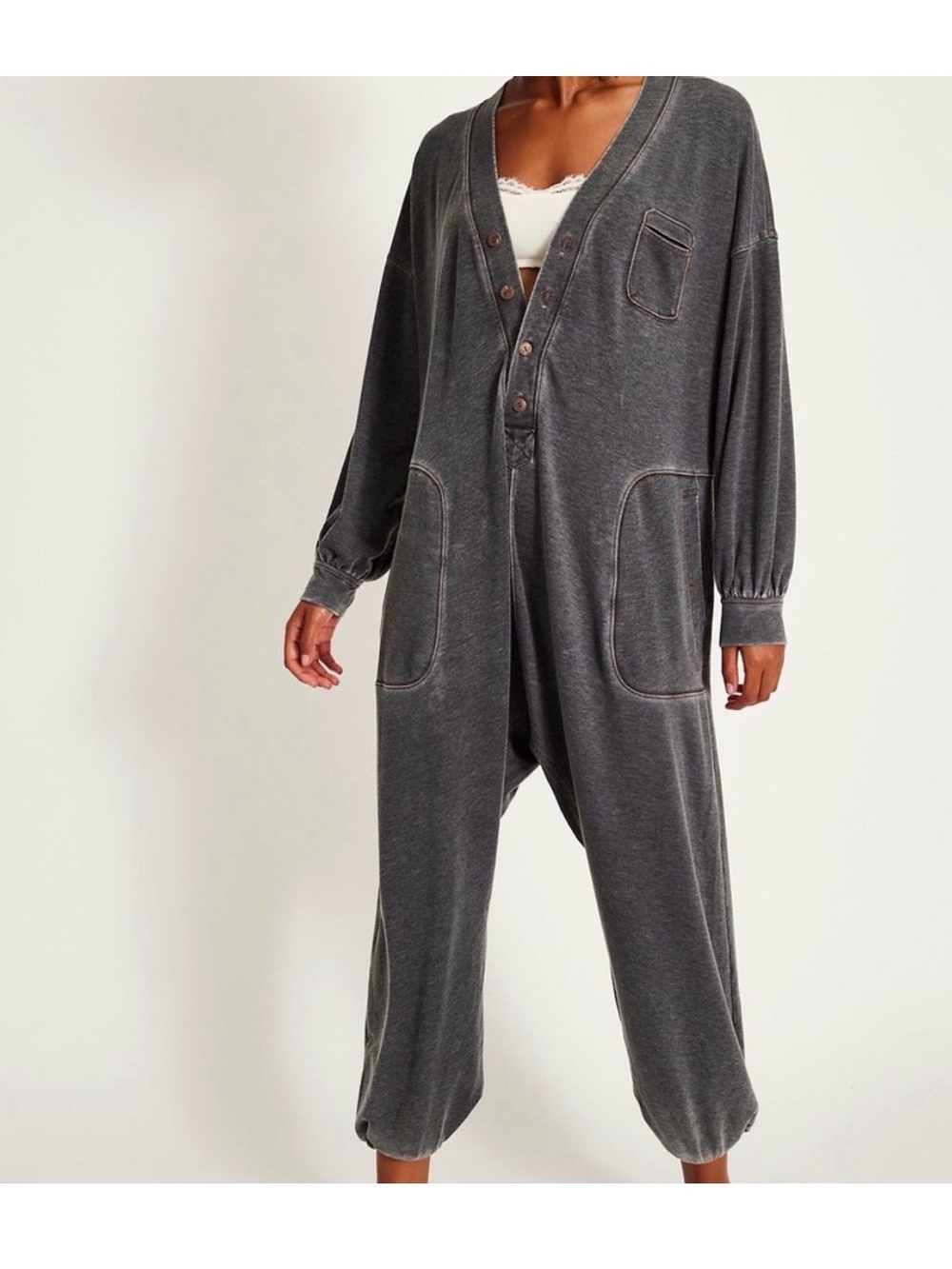 Free People Don't Wait Up Onesie Charcoal Jumpsuit Romper with Pocket Details M